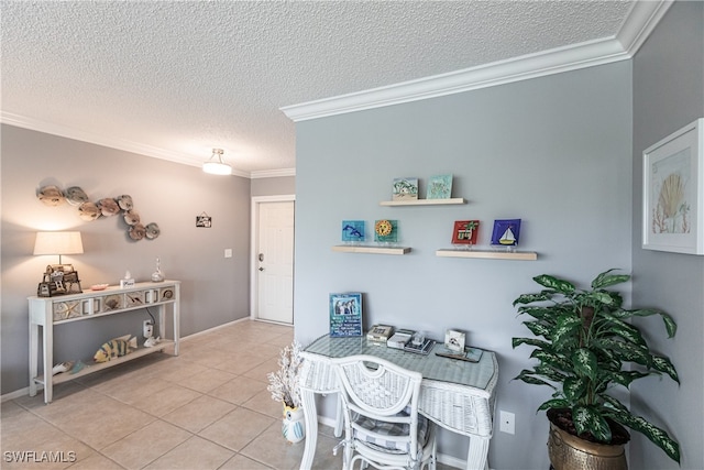 dining space featuring crown molding, a textured ceiling, and light tile patterned flooring