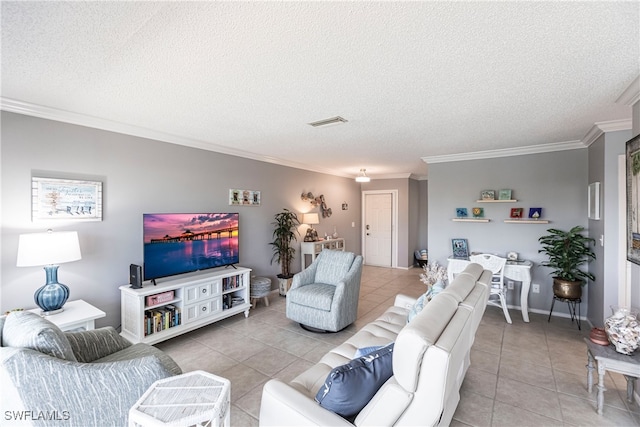 living room featuring crown molding, a textured ceiling, and light tile patterned floors