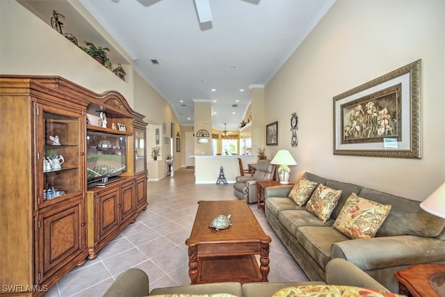 tiled living room with crown molding