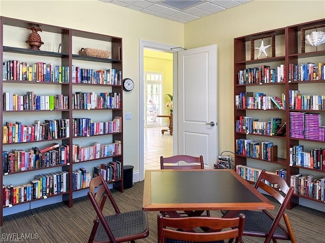 interior space featuring dark colored carpet