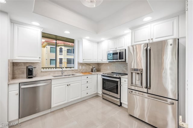 kitchen featuring a sink, a raised ceiling, light countertops, and stainless steel appliances