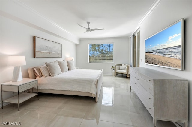 bedroom featuring light tile patterned floors, crown molding, and a ceiling fan