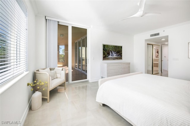 bedroom featuring baseboards, visible vents, ceiling fan, ornamental molding, and access to exterior