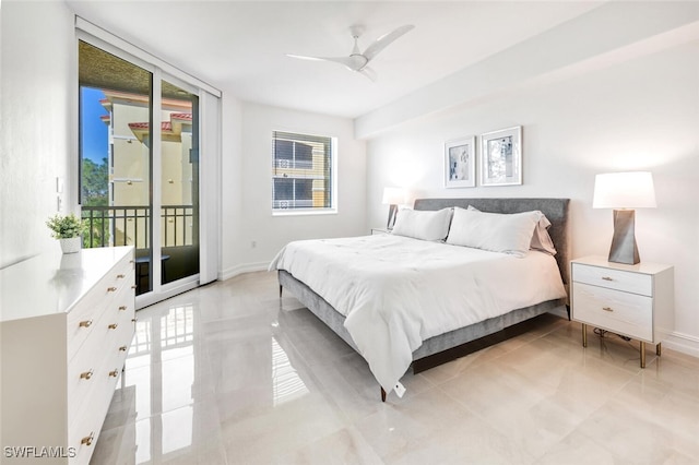 bedroom with light tile patterned floors, baseboards, access to exterior, and a ceiling fan