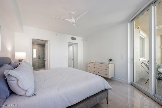 bedroom featuring baseboards, visible vents, ensuite bath, ceiling fan, and access to exterior