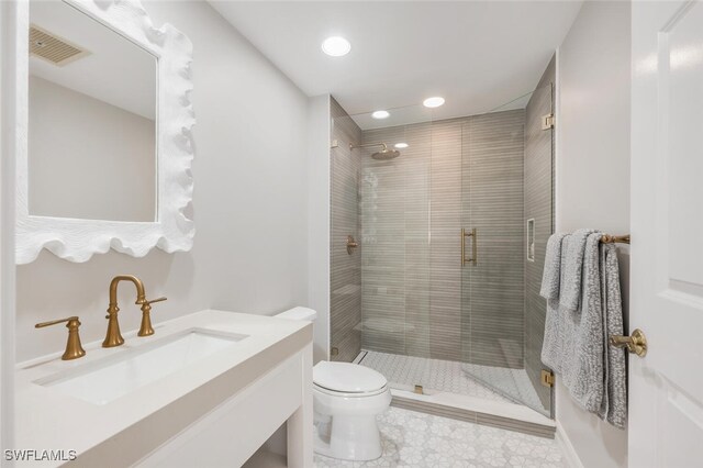 full bathroom featuring vanity, visible vents, recessed lighting, a shower stall, and toilet