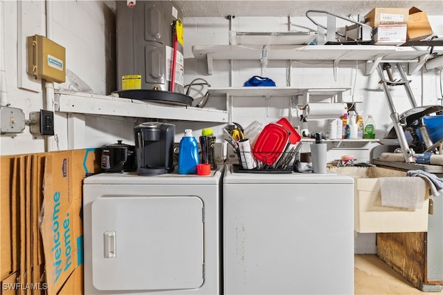 laundry area with electric water heater and washing machine and clothes dryer