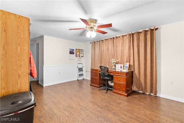 office featuring wood-type flooring and ceiling fan