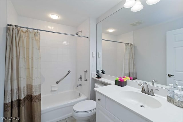 full bathroom featuring shower / bath combination with curtain, vanity, and toilet