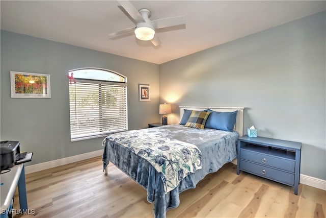 bedroom with ceiling fan and light wood-type flooring