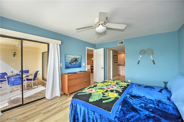 bedroom featuring ceiling fan and light hardwood / wood-style flooring