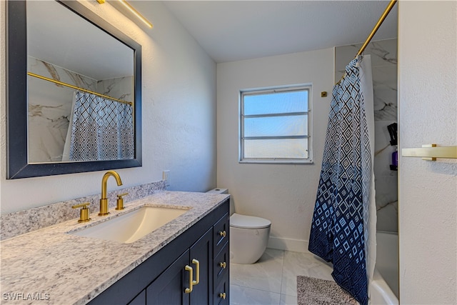 full bathroom featuring vanity, shower / tub combo with curtain, tile patterned floors, and toilet