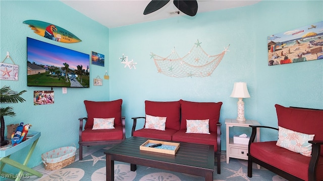 living room featuring ceiling fan