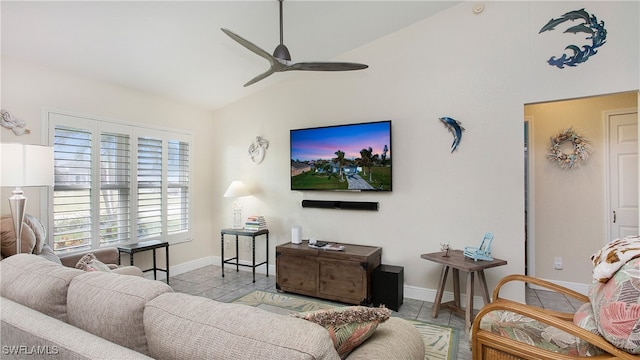 living room featuring lofted ceiling and ceiling fan