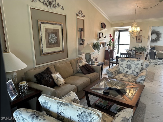 tiled living room featuring a chandelier and crown molding