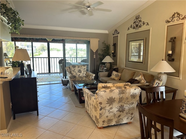 tiled living room featuring lofted ceiling, ceiling fan, and crown molding