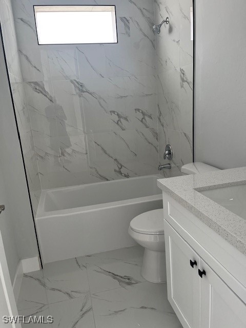 full bathroom with toilet, tiled shower / bath combo, a wealth of natural light, and vanity