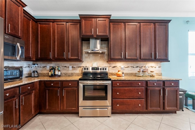 kitchen with crown molding, light stone countertops, appliances with stainless steel finishes, decorative backsplash, and wall chimney exhaust hood