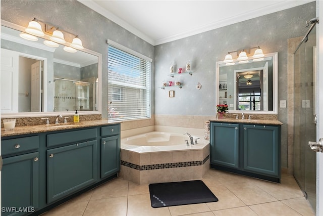 bathroom featuring crown molding, plenty of natural light, tile patterned floors, and shower with separate bathtub