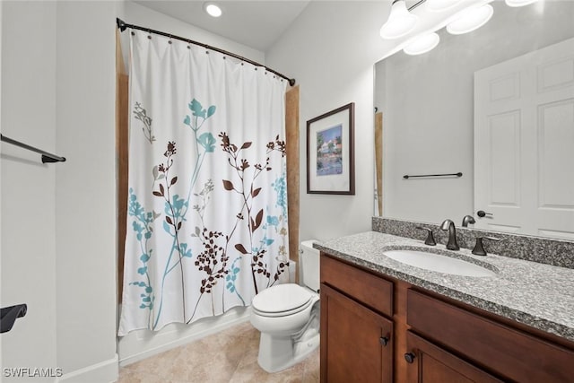 bathroom with shower / bathtub combination with curtain, tile patterned flooring, vanity, and toilet