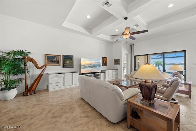 living area featuring coffered ceiling, visible vents, a high ceiling, and a ceiling fan