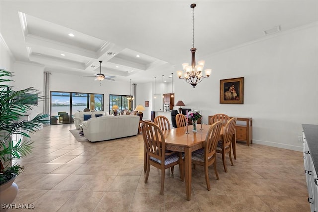 dining space featuring ceiling fan with notable chandelier, coffered ceiling, visible vents, ornamental molding, and beamed ceiling