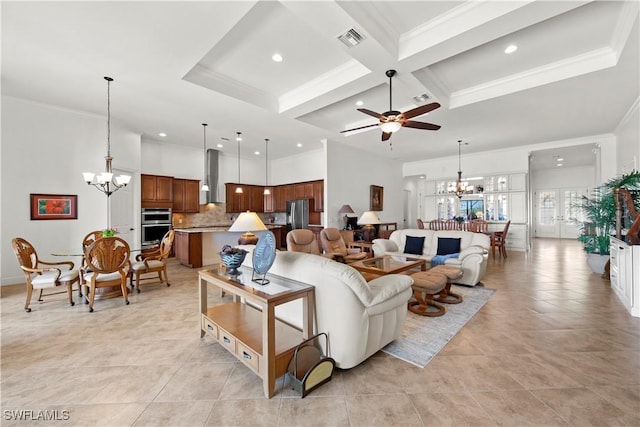 living room with visible vents, coffered ceiling, crown molding, and ceiling fan with notable chandelier