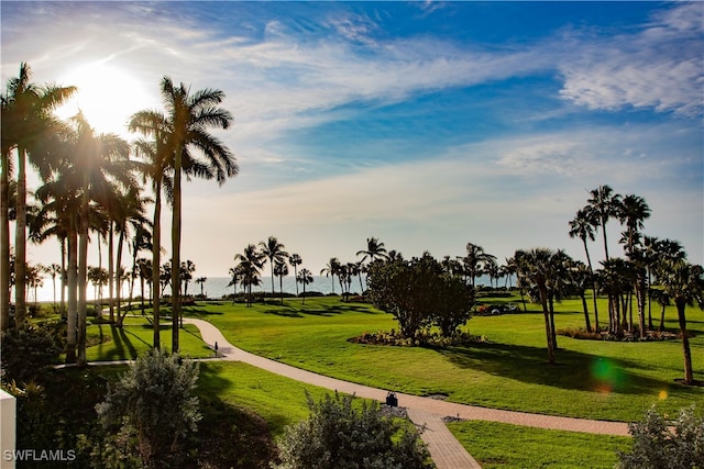 view of community with a water view and a yard