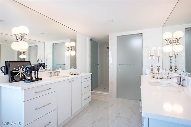 bathroom featuring walk in shower and vanity