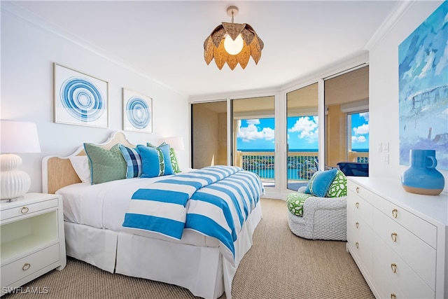 bedroom featuring crown molding, light colored carpet, and access to outside