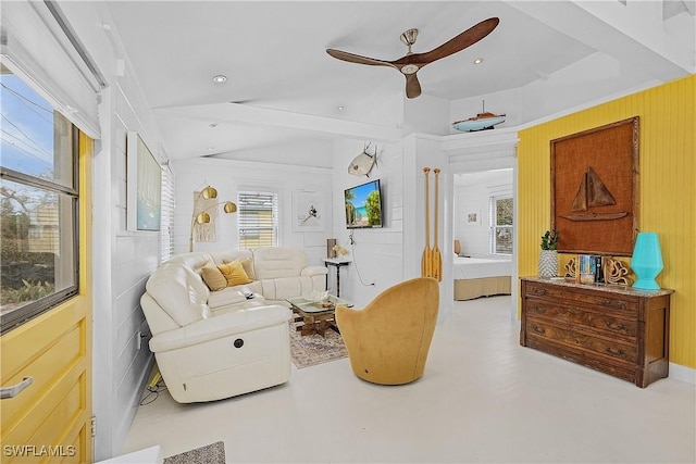 living room with a wealth of natural light and ceiling fan