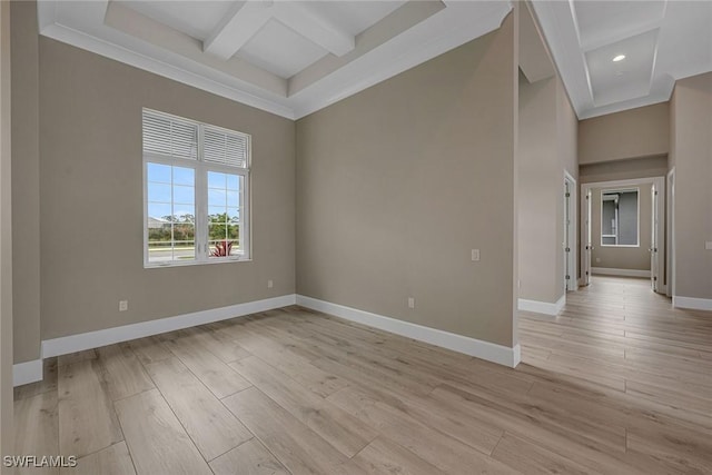 8871 Nevis Way, Naples, FL 34112 - empty room with baseboards, coffered ceiling, light wood finished floors, and beamed ceiling