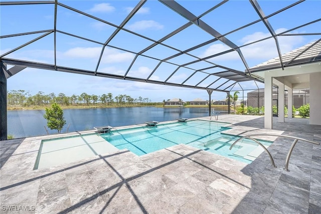 8871 Nevis Way, Naples, FL 34112 - pool featuring a patio, a water view, glass enclosure, and a jacuzzi