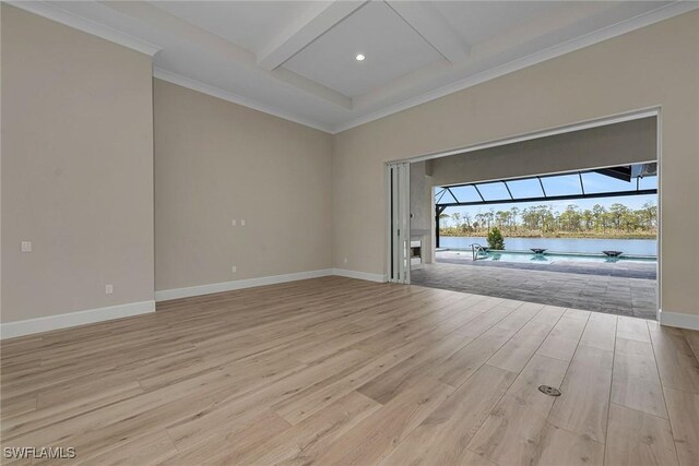 unfurnished room featuring a water view, beam ceiling, crown molding, and light wood-type flooring