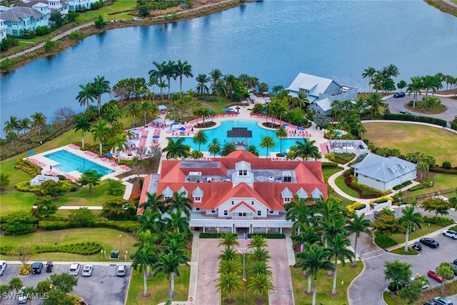 birds eye view of property featuring a water view