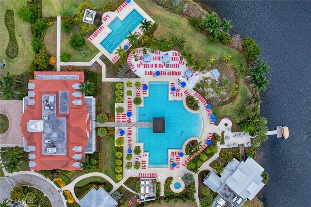 birds eye view of property featuring a water view