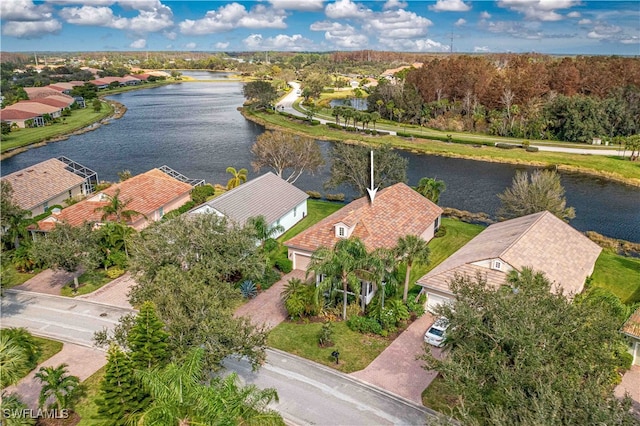 bird's eye view with a water view