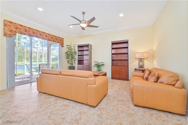 tiled living room with ornamental molding and ceiling fan