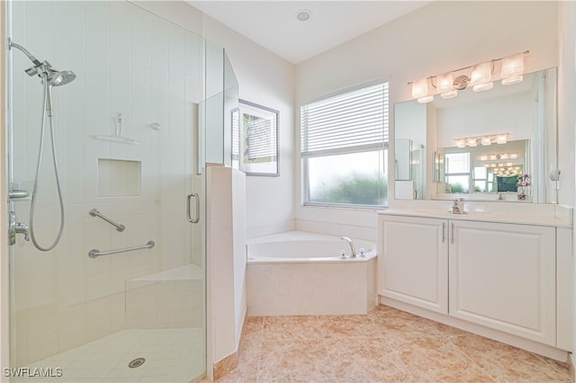 bathroom with vanity, separate shower and tub, and tile patterned flooring