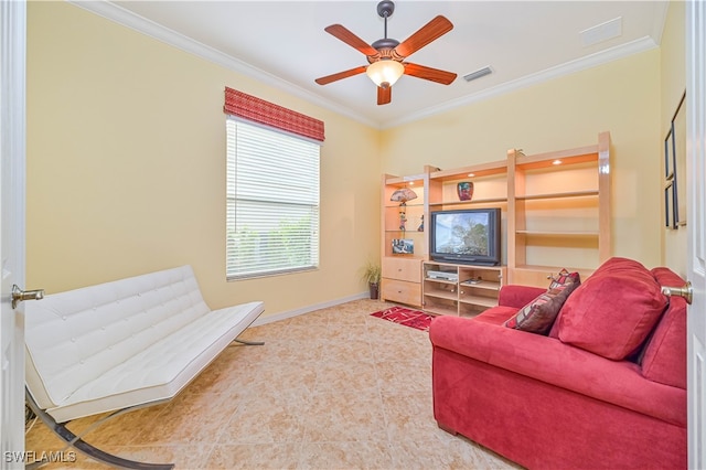 tiled living room featuring crown molding and ceiling fan