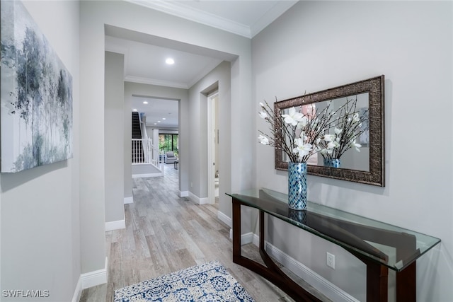 hall featuring ornamental molding and light hardwood / wood-style flooring