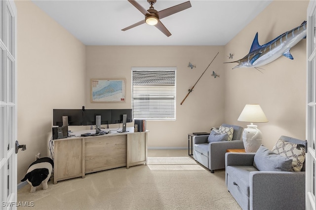 home office with light colored carpet and ceiling fan