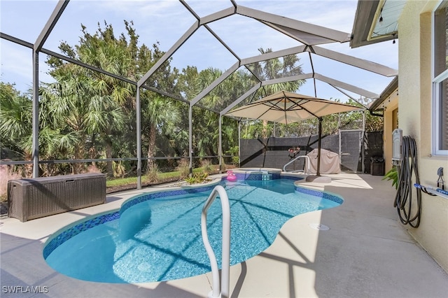 view of swimming pool featuring a patio area and a lanai