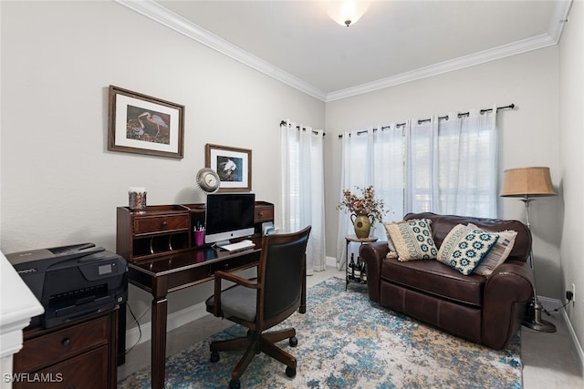 carpeted office space featuring ornamental molding