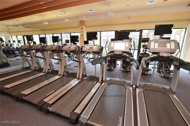 workout area featuring visible vents and crown molding