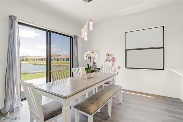 dining area with a water view and light wood-type flooring