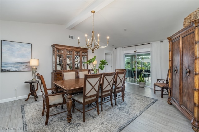 dining room with light hardwood / wood-style flooring, lofted ceiling with beams, and an inviting chandelier