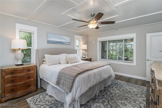 bedroom featuring multiple windows, ceiling fan, and dark wood-type flooring