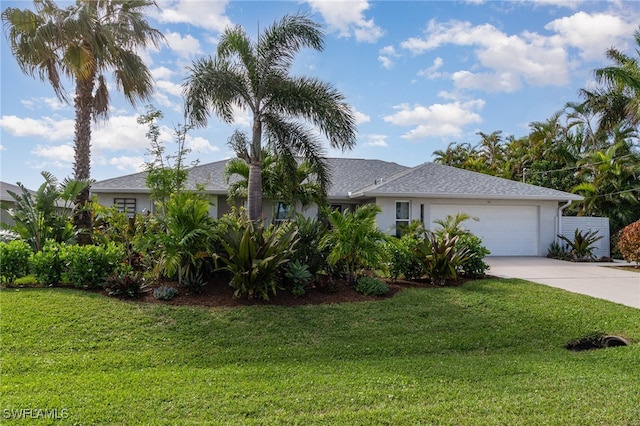 single story home featuring a front yard and a garage