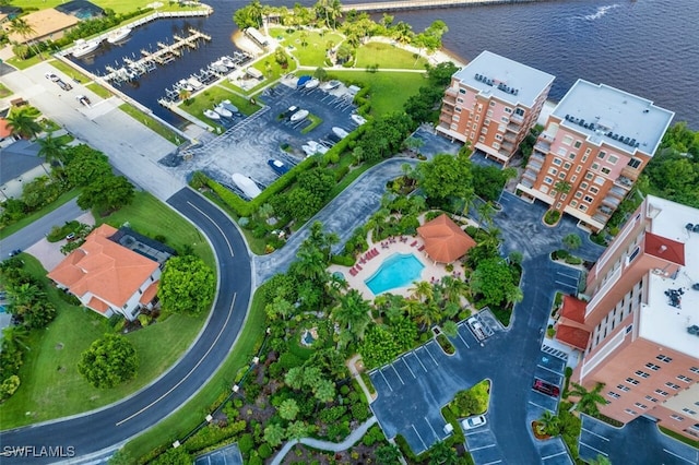 aerial view featuring a water view